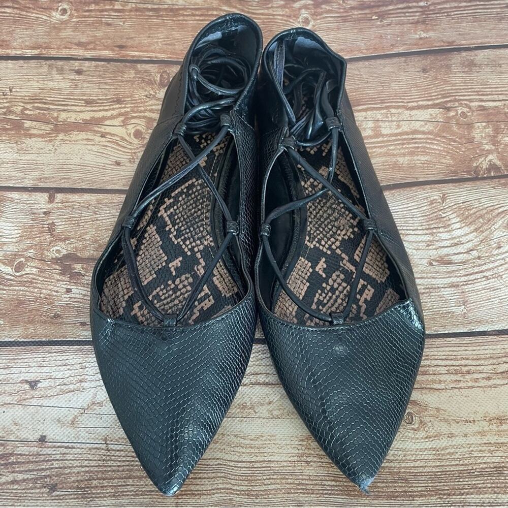 Zara black leather point toe ankle wrap ballet style embossed snake size 7.5 - Picture 15 of 16